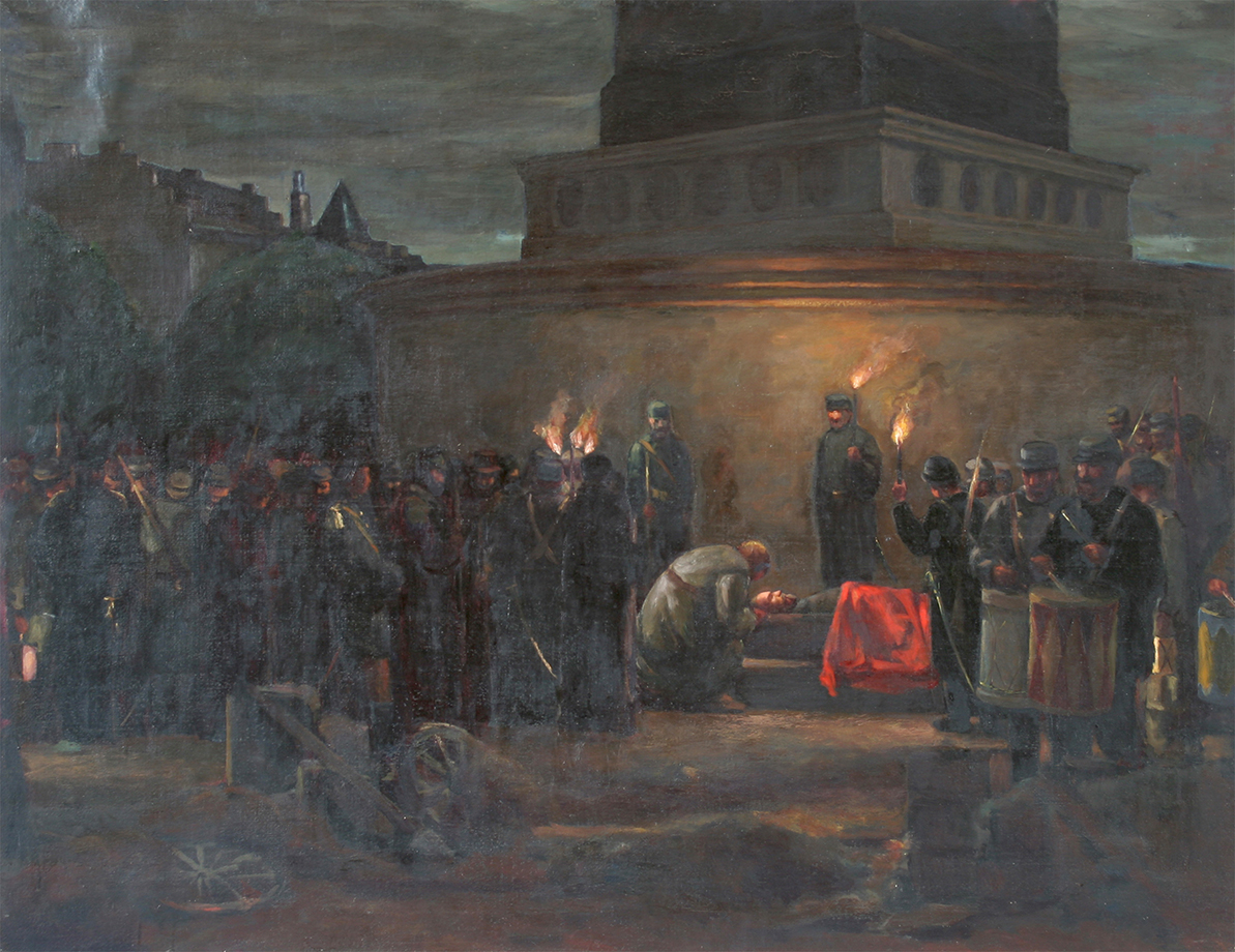 Rajmund Pietkiewicz, „Komunardzi żegnają Dąbrowskiego na Placu Bastylii”, ok. 1951, olej, płótno, wymiary 109 x 141 cm, nr inw. MPK/SW/280 Rajmund Pietkiewicz, „Komunardzi żegnają Dąbrowskiego na Placu Bastylii”, ok. 1951, olej, płótno, wymiary 109 x 141 cm, nr inw. MPK/SW/280