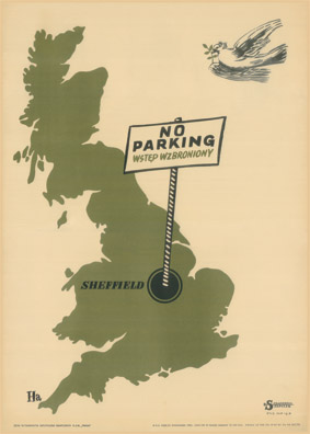 Plakat propagandowy „No parking. Wstęp wzbroniony”, 1950, autor projektu: Anna Gosławska-Lipińska, druk: Wydawnictwo Prasa Wojskowa; Zakłady Graficzne „Dom Słowa Polskiego”; papier, druk – offset barwny, nr. inw. MPK/SW/1874 Plakat propagandowy, zatytułowany No parking. Wstęp wzbroniony. Zielona plama w kształcie Wielkiej Brytanii, z umieszczoną w dolnej części, na słupku, tabliczką z napisem: NO / PARKING / WSTĘP WZBRONIONY, zatknięta w czarnym kółku z napisem: SHEFFIELD. W prawym górnym rogu biały gołąbek pokoju z gałązka w dziobie.