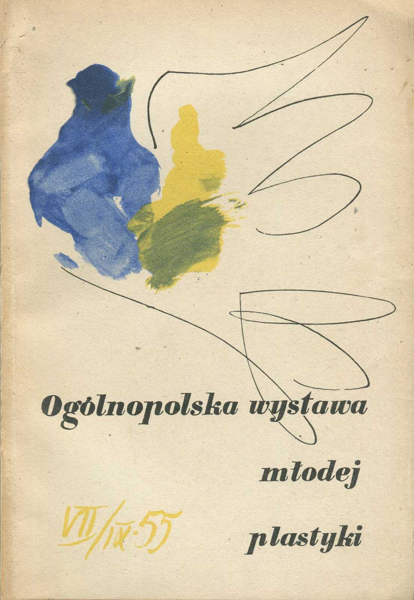 2. Katalog wystawy „Ogólnopolska Wystawa Młodej Plastyki pod hasłem Przeciw wojnie – Przeciw faszyzmowi zorganizowana z okazji V Światowego Festiwalu Młodzieży i Studentów, Malarstwo – rzeźba – grafika”, Warszawa 1955 Okładka katalogu wystawy „Ogólnopolska Wystawa Młodej Plastyki pod hasłem Przeciw wojnie – Przeciw faszyzmowi zorganizowana z okazji V Światowego Festiwalu Młodzieży i Studentów, Malarstwo – rzeźba - grafika”, Warszawa 1955 rok. Tło stanowi lekko pożółkły papier. W centralnej części stylizowana sylwetka gołębia, w części głowy i szyi pomalowana niedbale na niebiesko i żółto. Niżej, po prawej, czarny napis „Ogólnopolska Wystawa Młodej Plastyki”, z lewej żółty napis „VII/IX 55”.