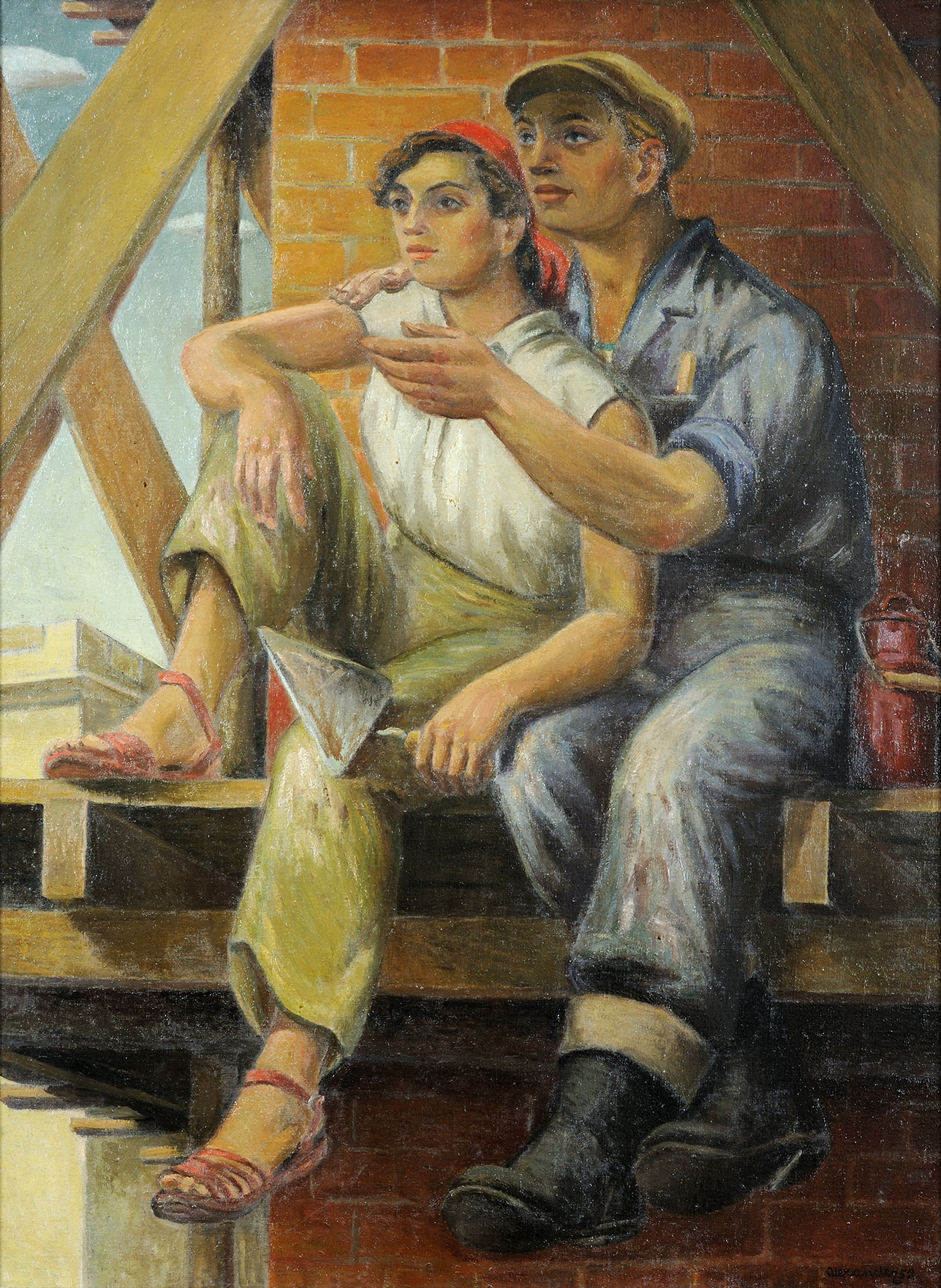 4. Aleksander Stefanowski, „Na rusztowaniu”, Warszawa, 1952; płótno, olej, 130 x 97 cm; nr inw. MPK/SW/905 Fotografia obrazu autorstwa Aleksandra Stefanowskiego pod tytułem „Na rusztowaniu”, namalowanego farbami olejnymi na płótnie w 1952 roku. Para młodych murarzy, chłopak i dziewczyna, oboje w całej postaci, siedzący na rusztowaniu, zwróceni w 3/4 w lewo; oboje ogorzali, z twarzami o grubych rysach. Mężczyzna - jasny blondyn z błękitnymi oczami, w szaro-filetowo-niebieskim kombinezonie, szaro-żółtej czapce i szarych gumiakach - obejmuje kobietę prawą ręką za kark, lewą rękę trzyma powyżej jej piersi. Kobieta - szatynka z piwnymi oczami, w czerwonej chustce, jasnej bluzce, jasnozielonych spodniach i malinowych sandałach - lewą rękę z kielnią opiera na kolanie mężczyzny. Za nimi pomarańczowo-czerwony mur, żółto-pomarańczowe rusztowanie, po lewej fragment błękitnego nieba, po prawej czerwona kanka. Koloryt bardzo ciepły, z przewagą żółtych, pomarańczowych i różowych ugrów, żółci, oranżów oraz akcenty czerwieni.