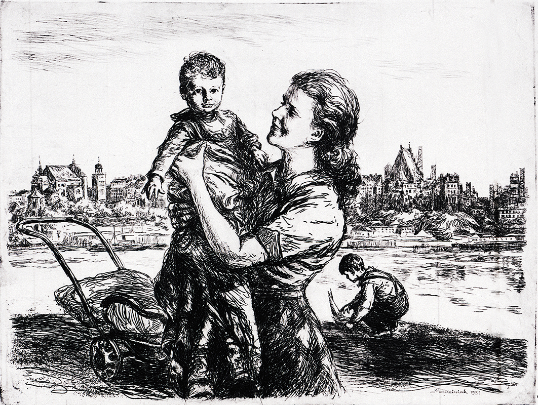 Mieczysław Kościelniak, „Odbudowa Warszawy”, 1951; akwaforta, papier r., 35 x 47 cm, nr inw. MPK/SW/354 zwykle ciepła w wyrazie grafika Mieczysława Kościelniaka, zatytułowana „Odbudowa Warszawy”, przedstawiaj młodą mamę w odświętnej sukience i upiętych w koński ogon włosach z dwojgiem dzieci – młodsze, około trzyletnie dziecko trzyma na rękach – obok stoi wózek, drugie starsze, około ośmioletnie bawi się na brzegu Wisły po praskiej stronie, w oddali na drugim brzegu widać zabudowę Starego Miasta.