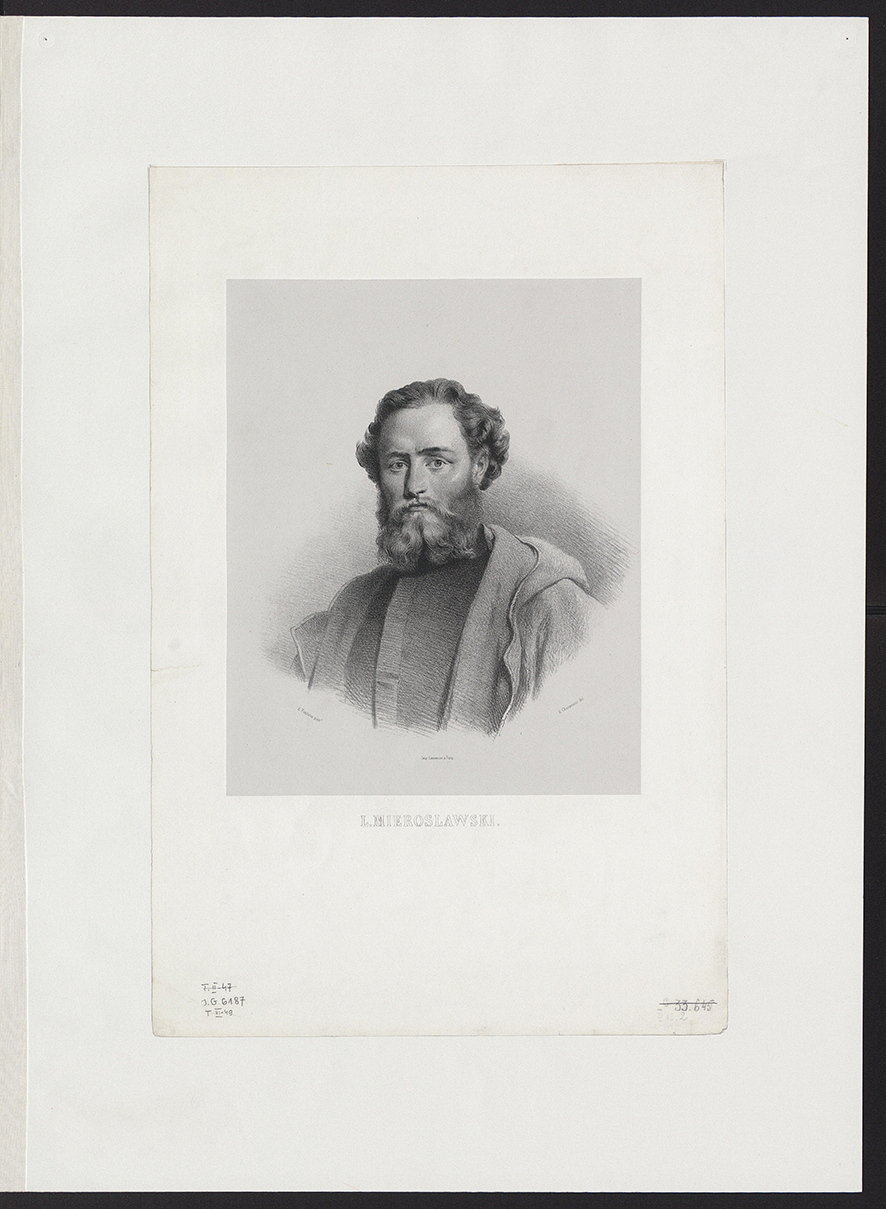 Eugène Louis Charpentier, L. Mieroslawski,1845-1855, grafika i rysunek, zbiory Biblioteki Narodowej, źródło: POLONA Grafika rysunkowa przedstawiająca portret w popiersiu Ludwika Mierosławskiego. Mężczyzna patrzy w stronę widza, jego twarz zwrócona jest lekko w lewo, ramiona w prawo. Jest w średnim wieku, ma bujne pofalowane włosy i bujny zarost, broda zakrywa szyję, wąsy długie. Ubrany jest w bliżej nieokreślony płaszcz i kaftan. Całość w tonacji białoszarej. Tło jasne, kontur u dołu postaci rozmyty.